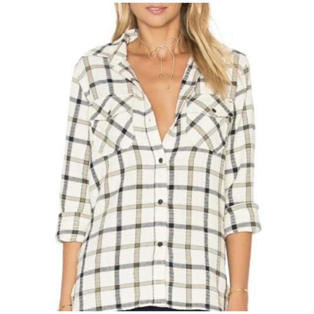 NWOT CURRENT/ELLIOTT Top 0~XS Plaid Beige GREEN Multi Pocket Long-Sleeve Cotton